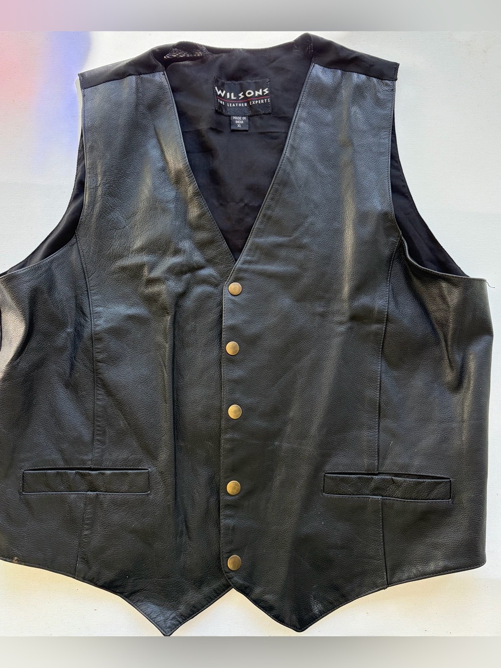 Wilsons Mens Black Leather Front Vest Size XL Snap Front Adjustable Back